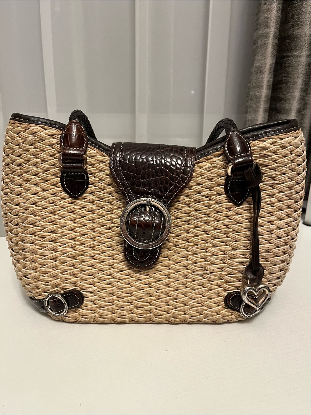 Brighton Vintage Woven Straw Croc Leather Tote Bag